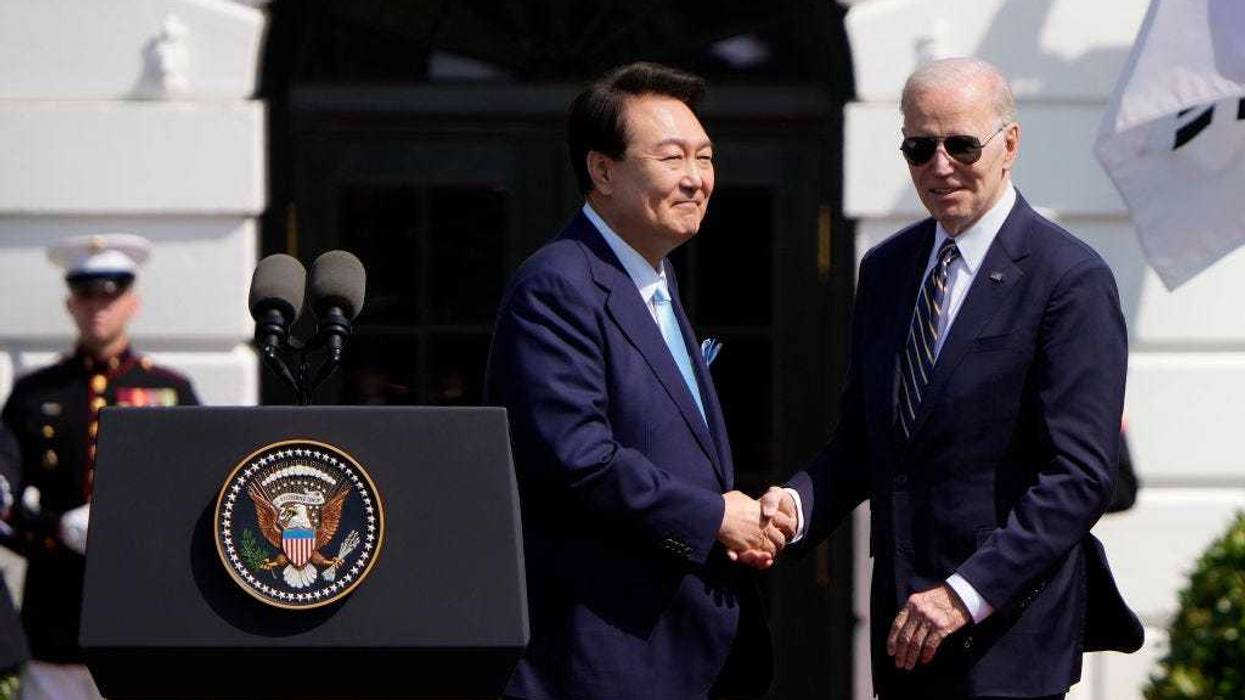 President Joe Biden welcomes South Korean President Yoon Suk Yeol to the White House during an arrival ceremony on April 26, 2023 in Washington, DC. President Biden is hosting the South Korean state visit including a bilateral meeting in the Oval Office, a joint press conference, and a state dinner in the evening.