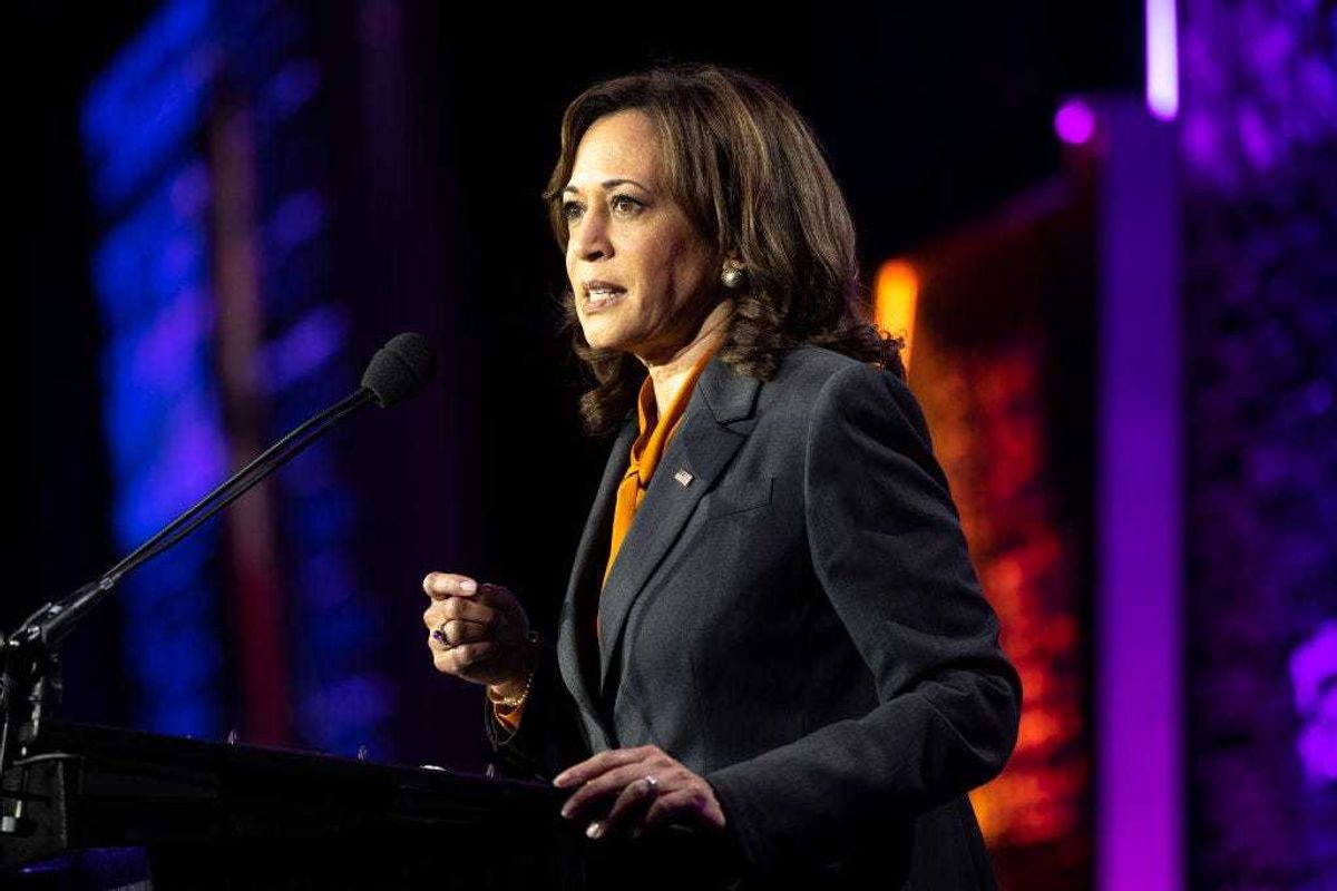 President Kamala Harris delivers remarks at the Emily's List gala on May 03, 2022 in Washington, DC. Harris spoke at the 30th anniversary celebration of the pro-choice organization a day after a published report revealed that the Supreme Court is poised to overturn the 1973 landmark Roe v. Wade, which created a constitutional right to abortion. (Photo by Kevin Dietsch/Getty Images)