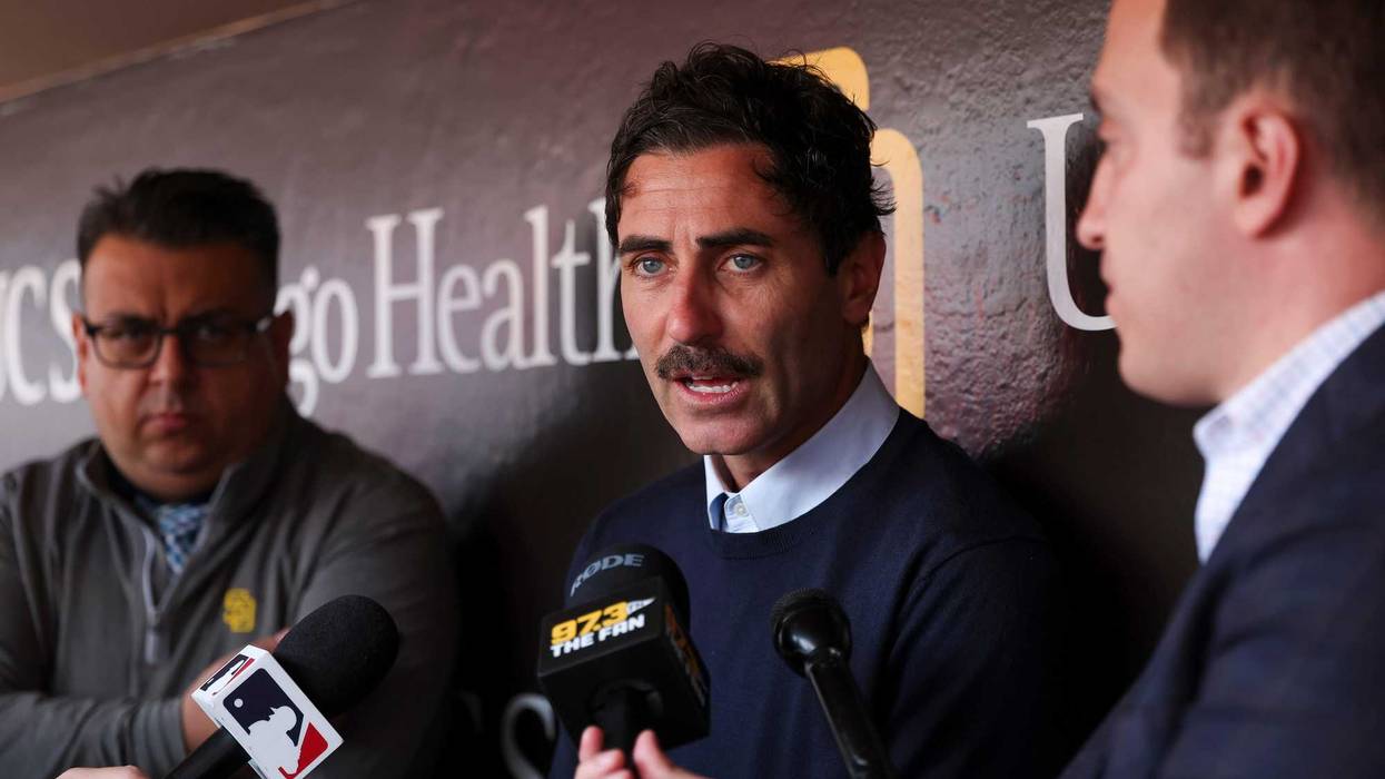 President of Baseball Operations and General Manager A.J. Preller of the San Diego Padres speaks to media prior to an Opening Day game against the San Francisco Giants at PETCO Par