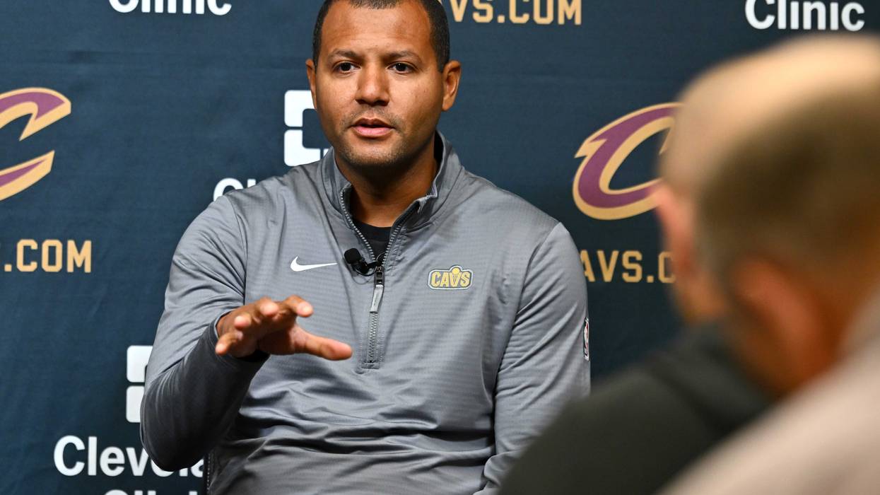 President of basketball operations Koby Altman of the Cleveland Cavaliers answers questions from the media during a press conference introducing new head coach Kenny Atkinson at Cleveland Clinic Courts on July 01, 2024, in Independence, Ohio.