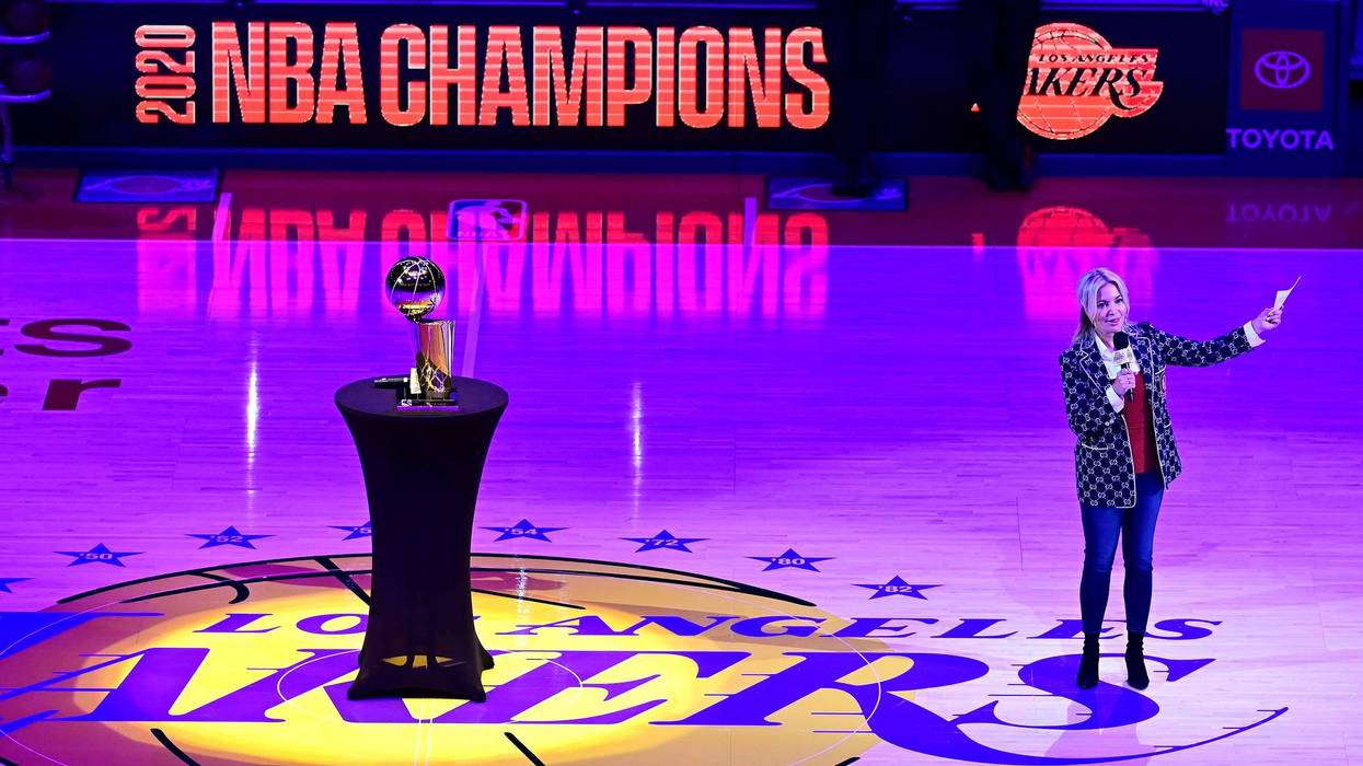 President of the Los Angeles Lakers Jeanie Buss speaks during a banner unveiling ceremony for the Los Angeles Lakers 2020 NBA Championship before the game against the Houston Rockets at Staples Center on May 12, 2021 in Los Angeles, California.