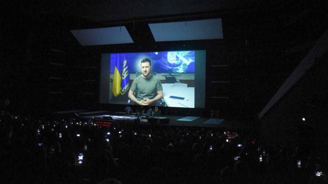 President of Ukraine, Volodymyr Zelenskyy speaks on stage during the Creativity Under Bombs talk at the Lumiere Theatre, Cannes Lions 2022: Day One on June 20, 2022 in Cannes, France.