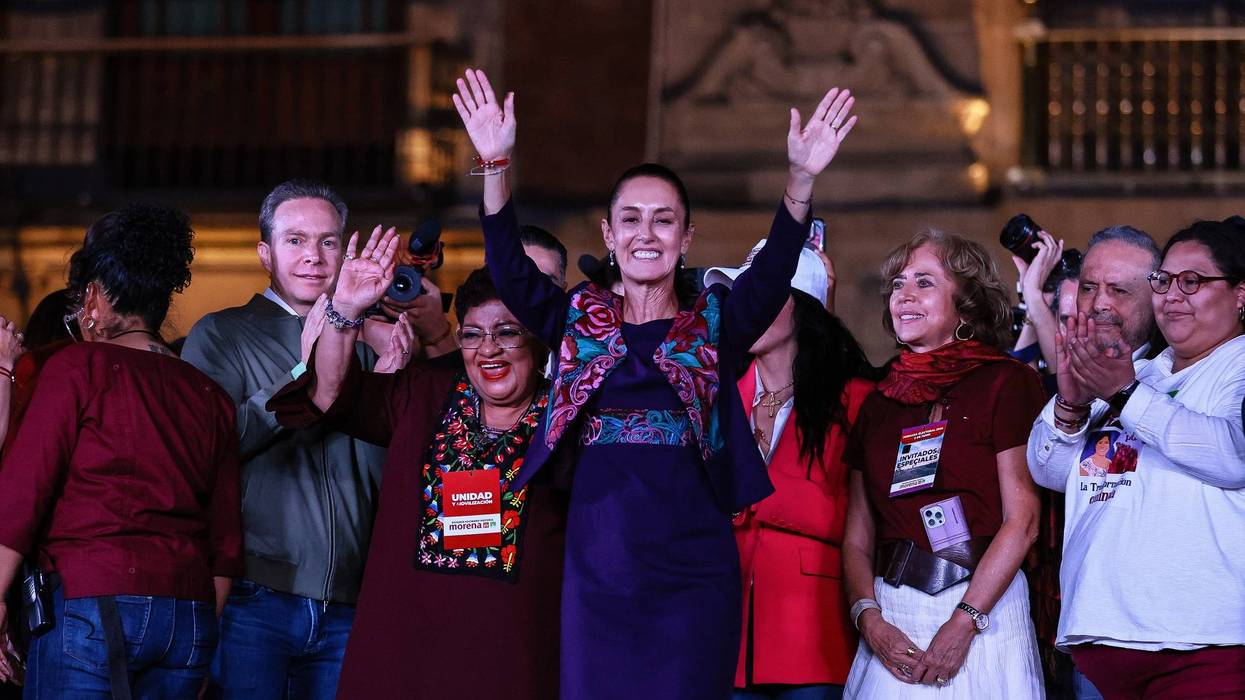 Presidential candidate Claudia Sheinbaum of ''Sigamos Haciendo Historia'' coalition waves after the first results released by the election authorities show that she leads the polls by a wide margin after the presidential election at Zocalo Square on June 3, 2024, in Mexico City, Mexico.