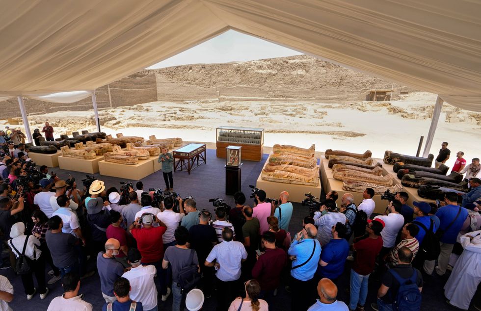 press conference by Mostafa Waziri, secretary-general of the Supreme Council of Antiquities, at a makeshift exhibit at the feet of the Step Pyramid of Djoser in Saqqara