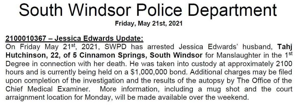 Press release announcing the arrest of Tahj Hutchinson, 5/21/21