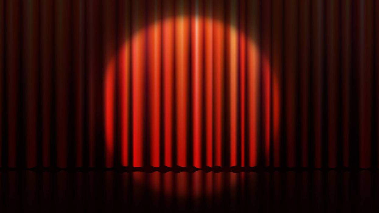 Prestigious red velvet stage curtain with spotlight beams and glossy floor reflection. Elegant 3D vector scene for upscale theater, award ceremony, political speech or exclusive event backdrop.