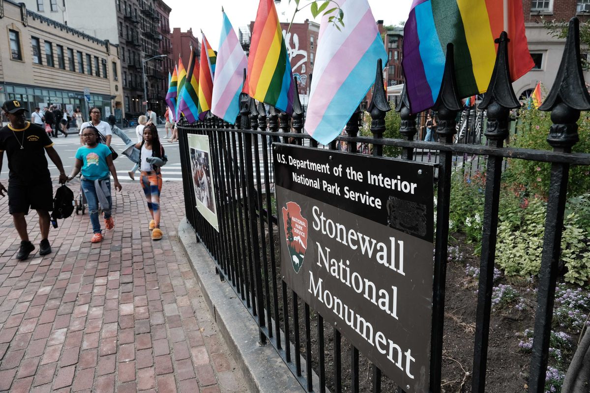 Pride flags fly at the Stonewall National Monument in Manhattan's West Village on June 19, 2023 in New York City.