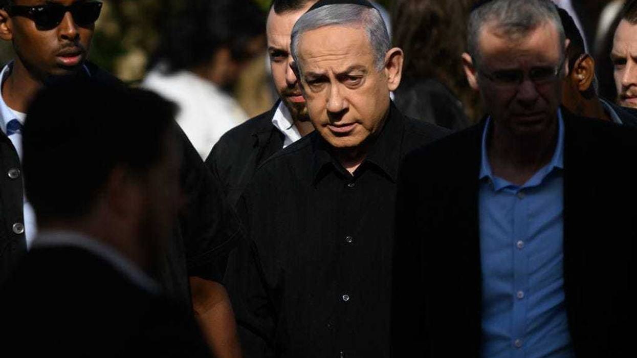 Prime Minister Benjamin Netanyhu attends the funeral for First Sergeant Major Gal Meir Eisenkot (aged 25) in the Herzliya cemetery on December 8, 2023 in Herzliya, Israel.