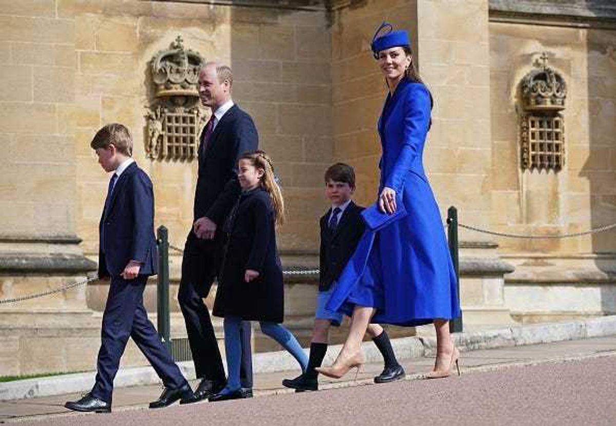 Prince George, Prince William, Princess Charlotte, Prince Louis and Catherine, Princess of Wales, attend the Easter Mattins Service at Windsor Castle on April 9, 2023 in Windsor, England.