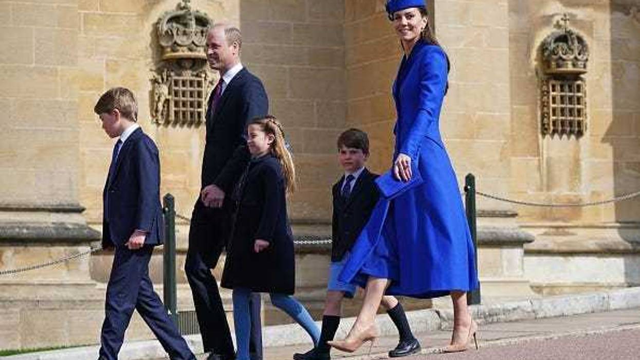 Prince George, Prince William, Princess Charlotte, Prince Louis and Catherine, Princess of Wales, attend the Easter Mattins Service at Windsor Castle on April 9, 2023 in Windsor, England.
