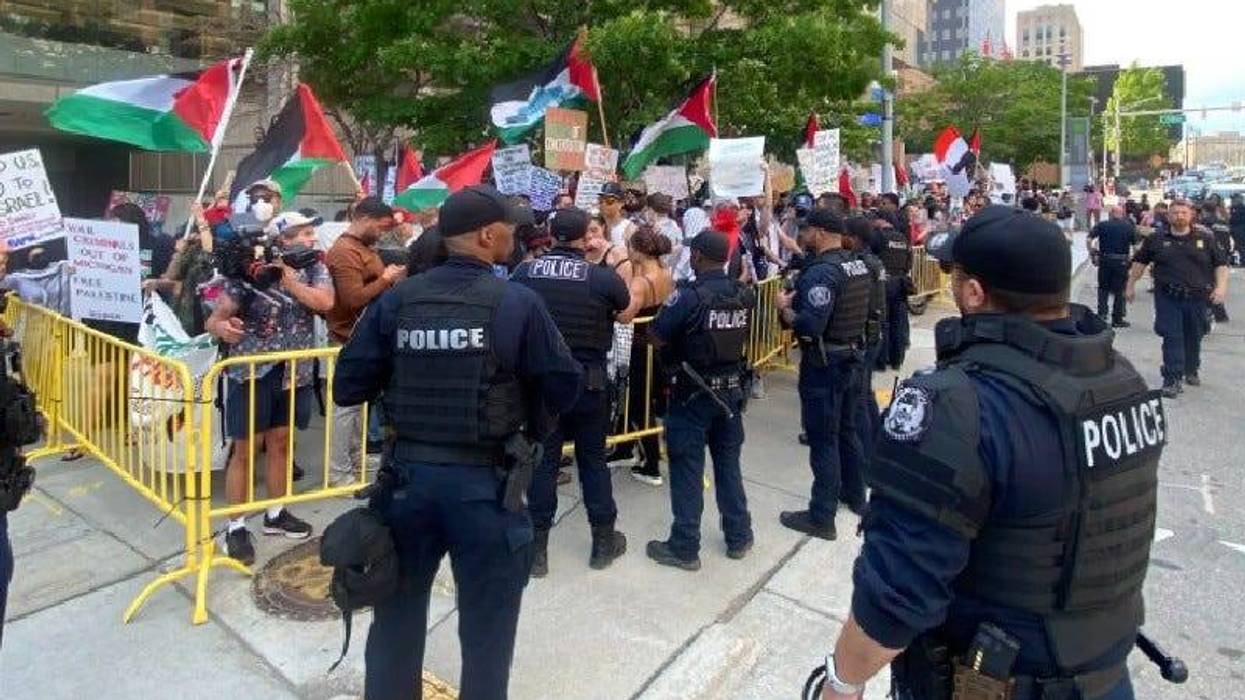 Pro-Palestine protesters outside Huntington Place