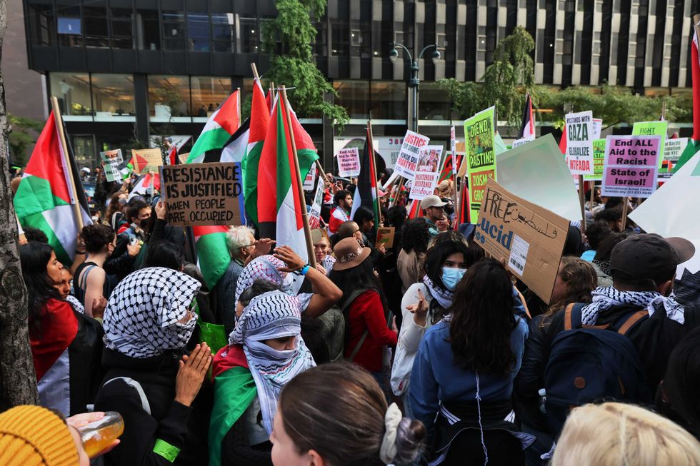 Pro-Palestinian demonstrators gather in support of the Palestinian people during a rally for Gaza at the Consulate General of Israel on October 09, 2023 in New York City.