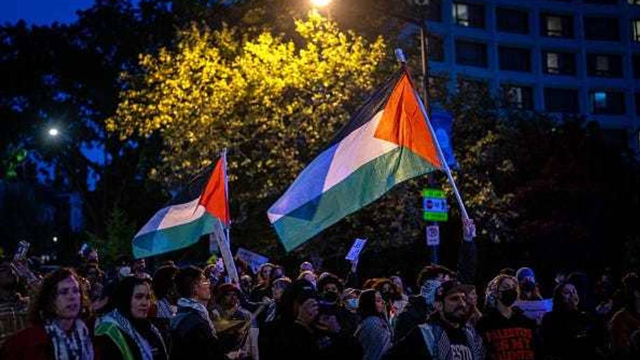 Pro-Palestinian demonstrators protest outside of the Washington Hilton, the site of the Annual White House Correspondents Dinner, on April 27, 2024 in Washington, DC.