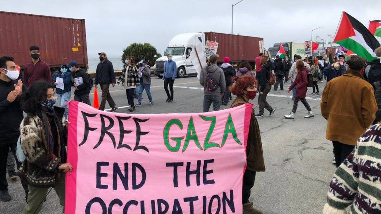 Pro-Palestinian protesters marching at the Port of Oakland