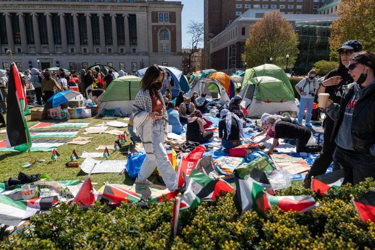 Pro-Palestinian supporters set up a protest encampment on the campus of Columbia University on April 22, 2024 in New York City.