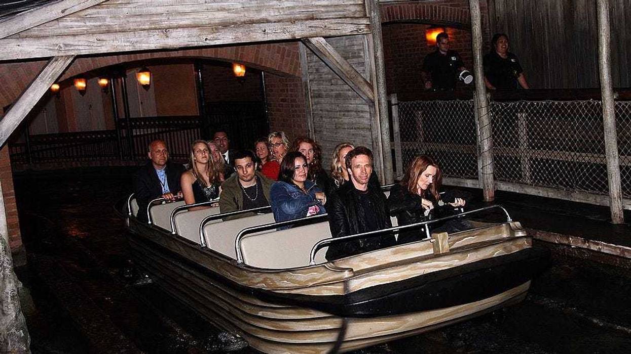 Producer Jerry Bruckheimer (L) and his wife Linda exit the ride at the after party for the world premiere of "Pirates of the Caribbean 2: Dead Man's Chest" held at Disneyland on June 24, 2006 in Anaheim, California.