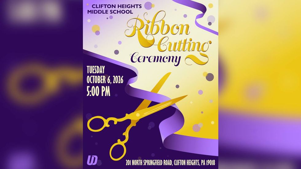Promotional flyer for Clifton Heights Middle School ribbon-cutting, set for Tuesday, Oct. 6 at 5 p.m. at 201 North Springfield Road, Clifton Heights, Pa.
