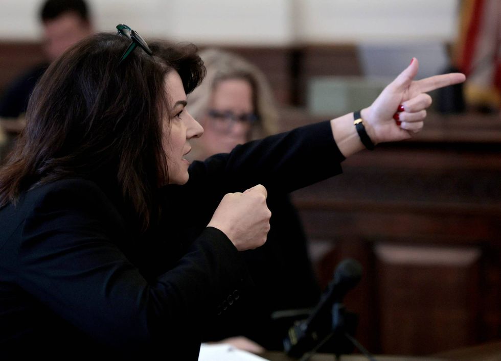 Prosecutor Tanja Engelhardt points a finger towards the jury describing the alleged actions of Thomas Kinworthy.