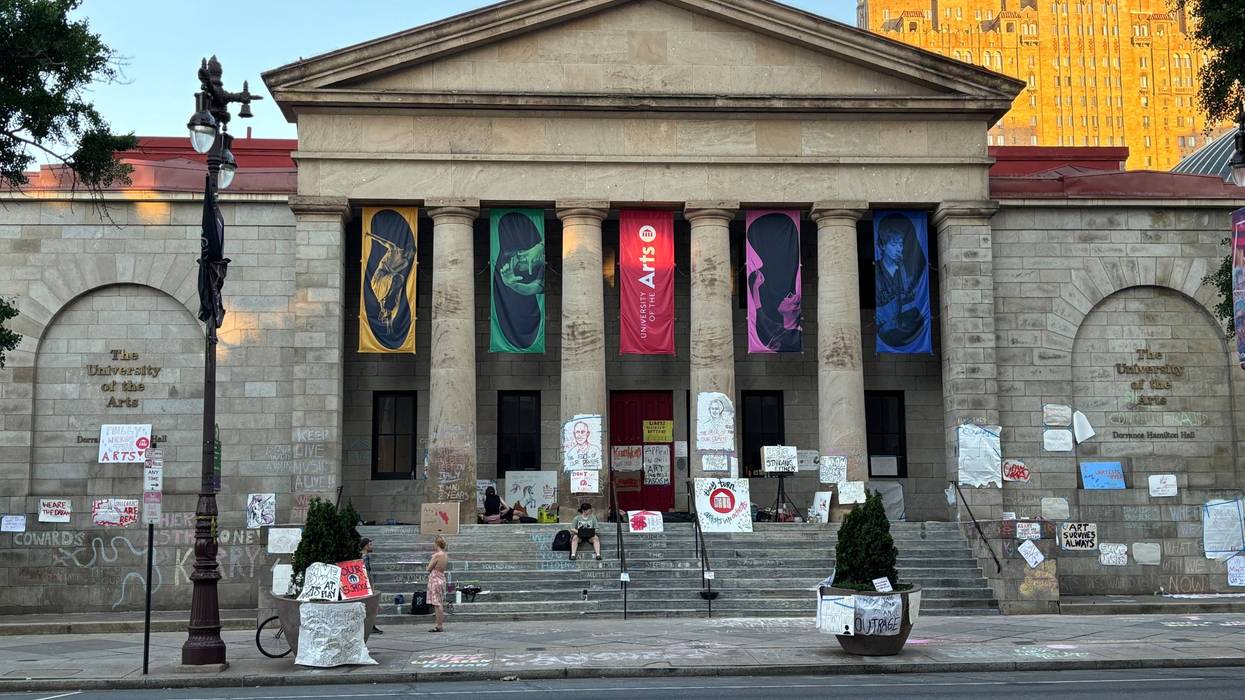 Protest signs on the steps of the University of the Arts on June 4, 2024.