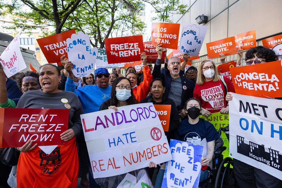 Protesters against rent increases rally before the annual preliminary vote of the Rent Guidelines Board at the LaGuardia Performing Arts Center in Queens on April 30, 2025