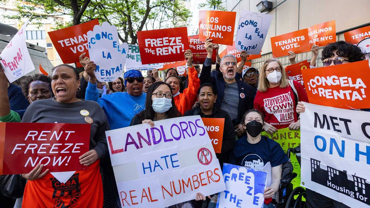 Protesters against rent increases rally before the annual preliminary vote of the Rent Guidelines Board at the LaGuardia Performing Arts Center in Queens on April 30, 2025