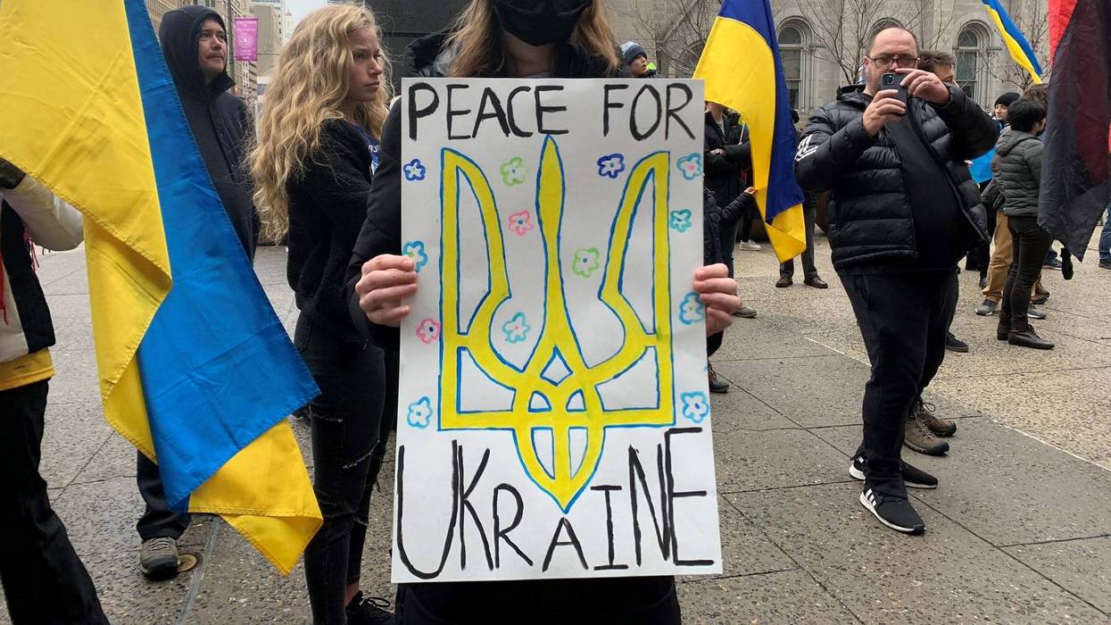 Protesters calling for a stop of the Vladimir Putin-led Russian invasion on Ukraine, gathering at Philadelphia City Hall on Friday.