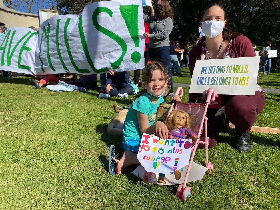 Protesters gather at Mills College in an effort to save the school, following the announcement of its planned closure.