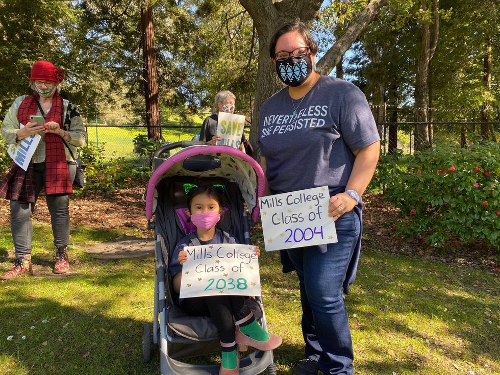 Protesters gather at Mills College in an effort to save the school, following the announcement of its planned closure.