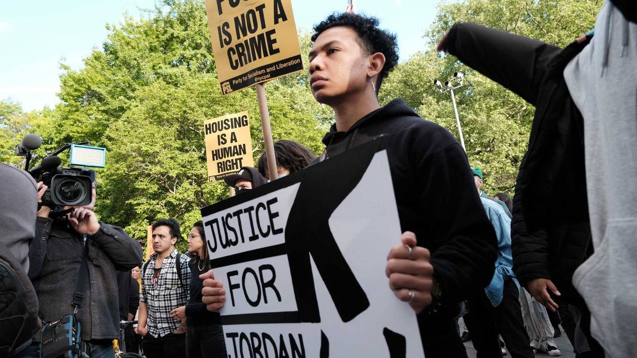 Protesters gather for a "Justice for Jordan Neely" rally in Washington Square Park on May 05, 2023.