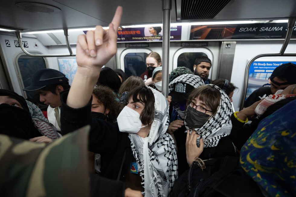 Protesters gather on a subway at Union Square on June 10, 2024 in New York City.