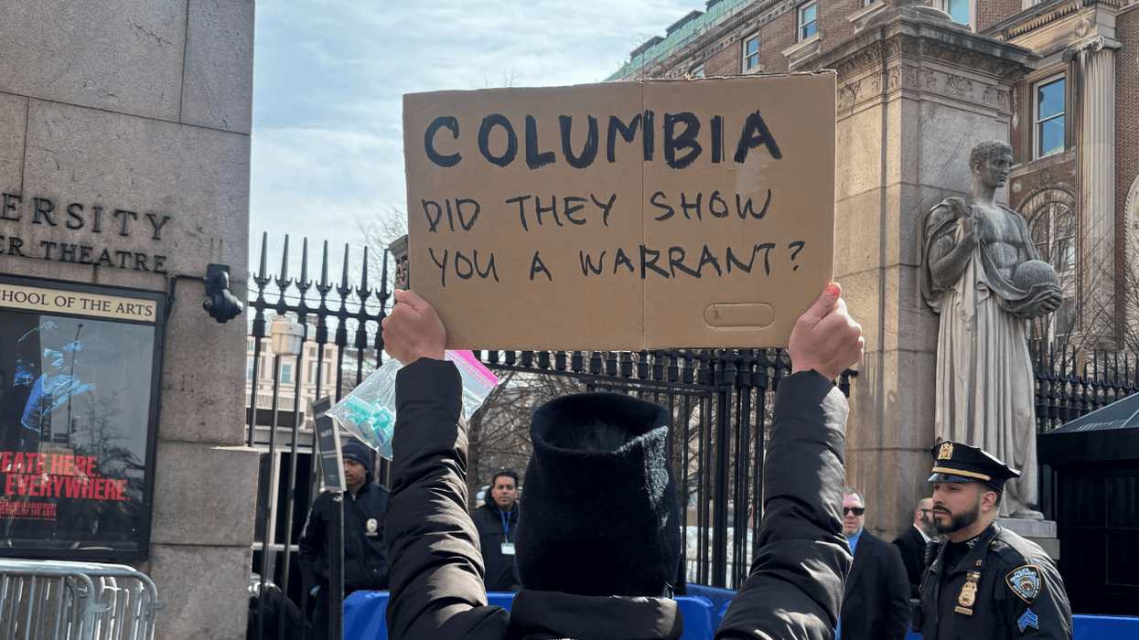 Protesters gather outside Columbia University on Thursday, Feb. 26, to condemn the detention of student Ellie Aghayeva by ICE agents.