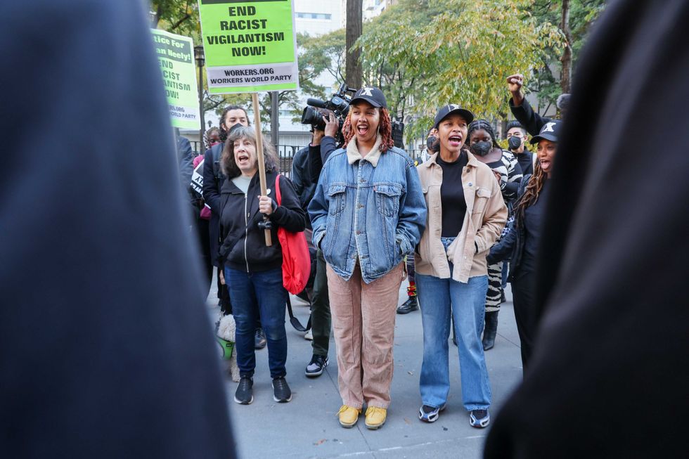 Protesters gather outside of Manhattan Criminal Court on Oct. 21, 2024, as jury selection begins in the trial of Daniel Penny, who is charged in the death of Jordan Neely