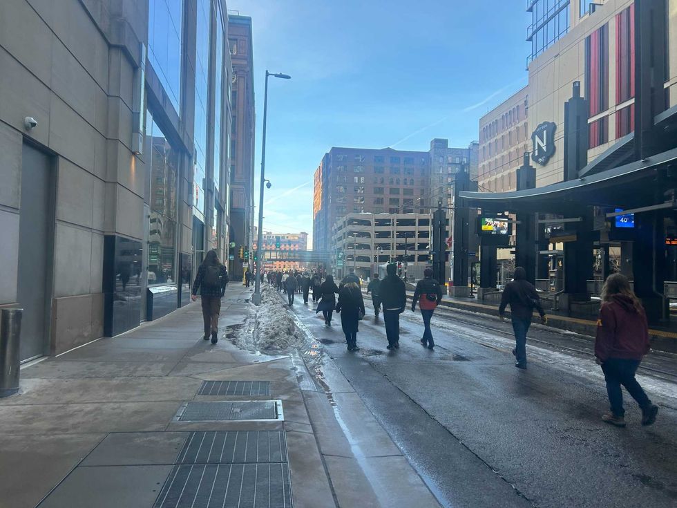 Protesters marching through downtown Minneapolis on Wednesday, January 7th, 2026.