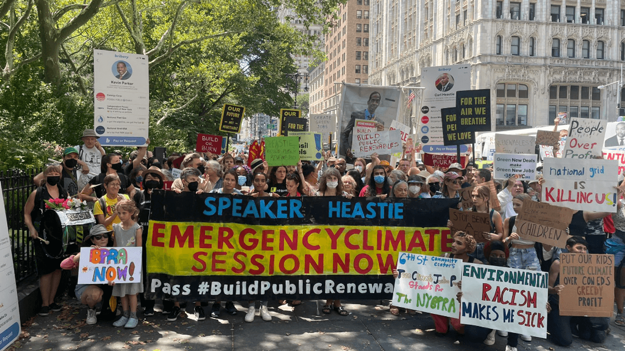 Protesters rallied outside of Assembly Speaker Carl Heastie's New York City office.