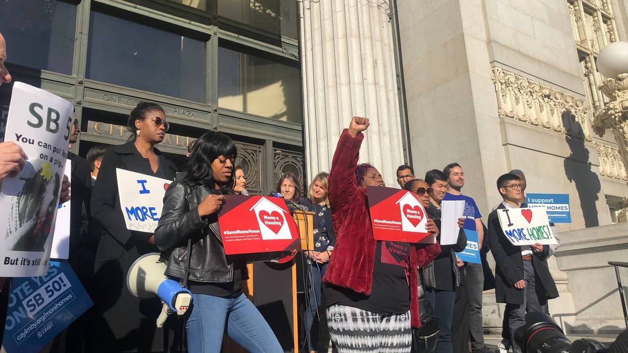 Protestors from Moms 4 Housing interrupted a press conference on Jan. 7, 2020about state Sen. Scott Wiener's proposal to foster the construction of affordable housing near transit hubs.