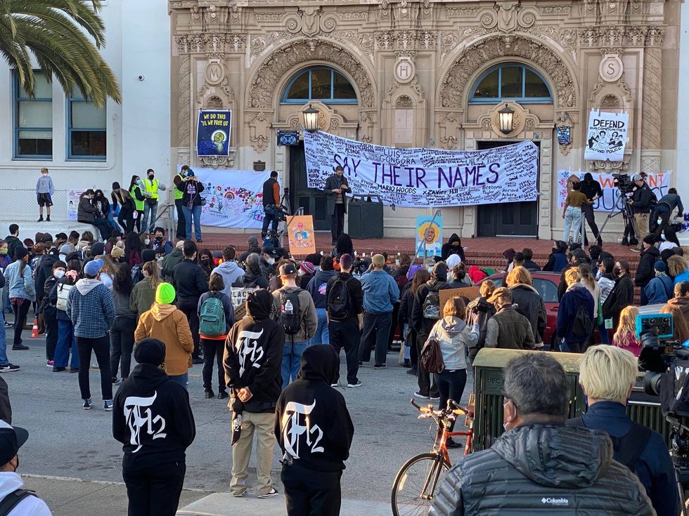 Protestors gather in front of Mission High School in San Francisco to mourn those killed by police and call for change. Apr. 15, 2021