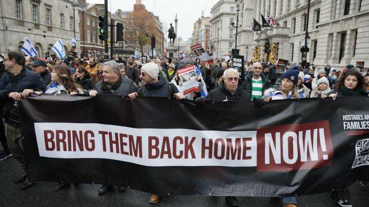 Protestors march against anti-Semitism on November 26, 2023 in London, England.