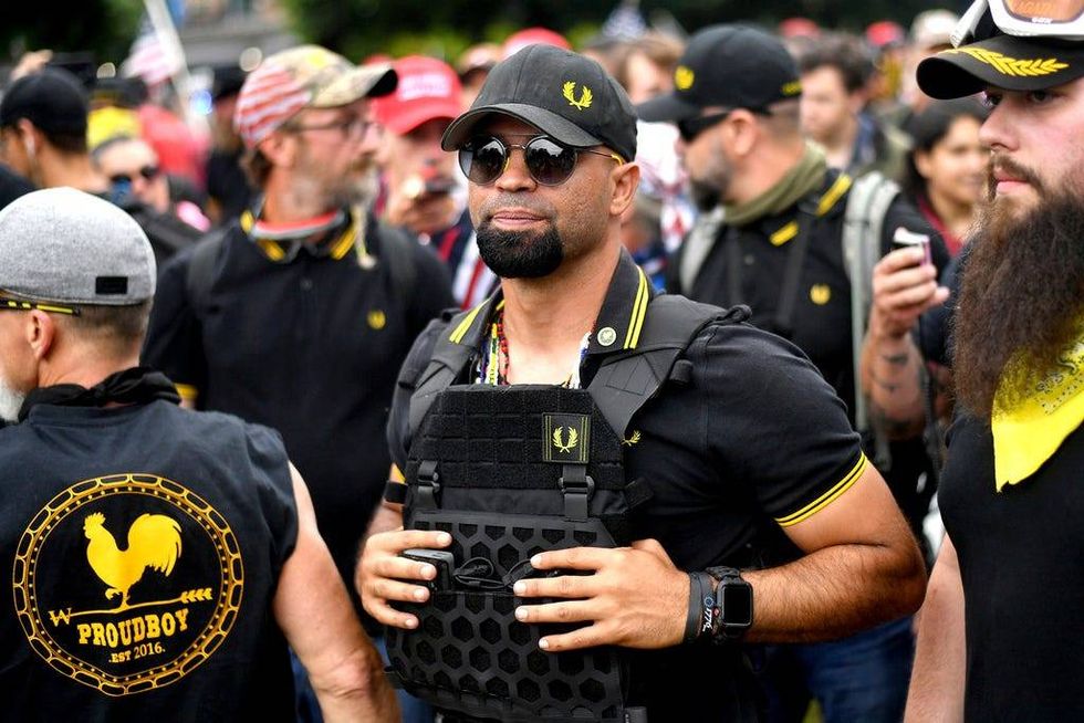 Proud Boys chairman Enrique Tarrio rallies in Portland, Oregon, on Aug. 17, 2019.
