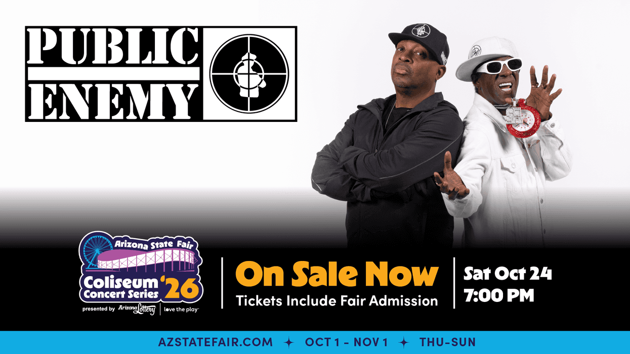 Public Enemy concert ad featuring Chuck D and Flavor Flav. Tickets on sale for AZ State Fair Oct 24.