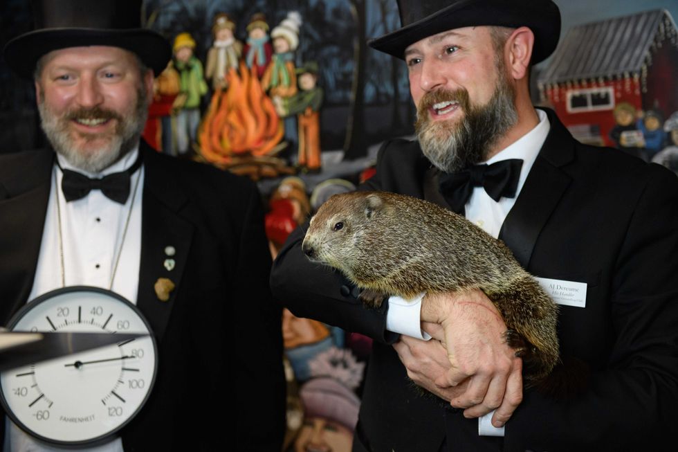 Punxsutawney Groundhog Club Inner Circle Members Jason Gursky and official handler, AJ Dereume and Punxsutawney Phil, the weather-predicting groundhog, work a Zoom call with schoolchildren in hundreds of schools throughout the United States on Gobblers Knob on February 1, 2021 in Punxsutawney, Pennsylvania