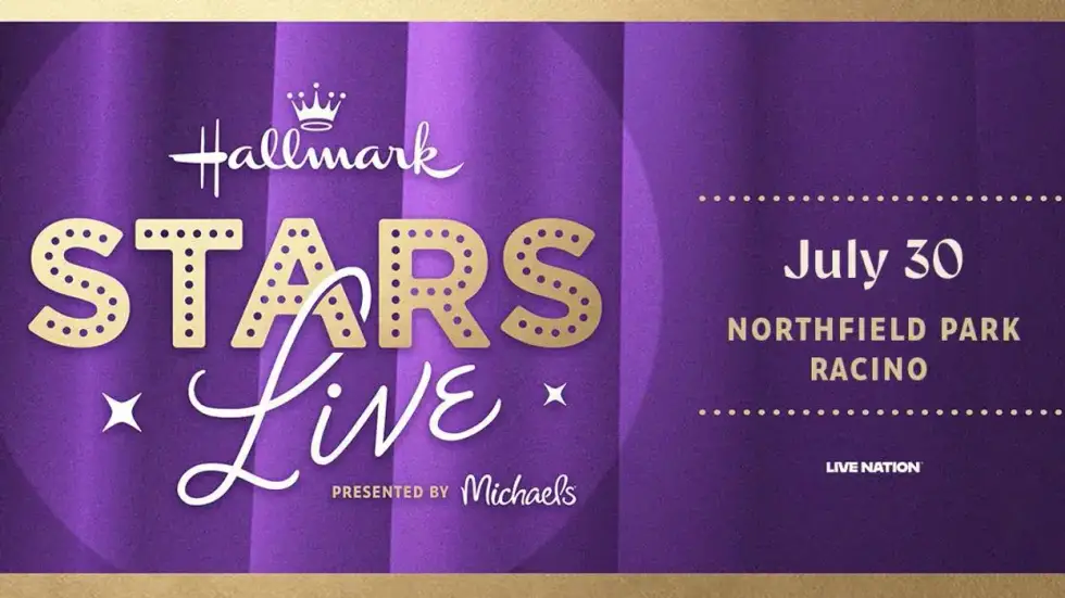 Purple poster for Hallmark Stars Live by Michaels. July 30 at Northfield Park Racino.