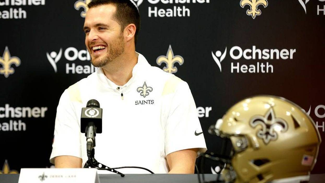 Quarterback Derek Carr of the New Orleans Saints speaks to members of the media after signing a four-year contract with the Saints at New Orleans Saints Indoor Practice Facility on March 11, 2023 in New Orleans, Louisiana.