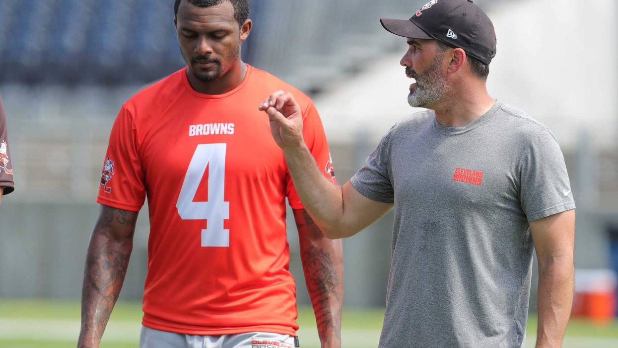 Quarterback Deshaun Watson, talking with coach Kevin Stefanski at a 2022 minicamp session, has only played in 19 of the Browns' 52 games since being acquired from the Texans in 2022.