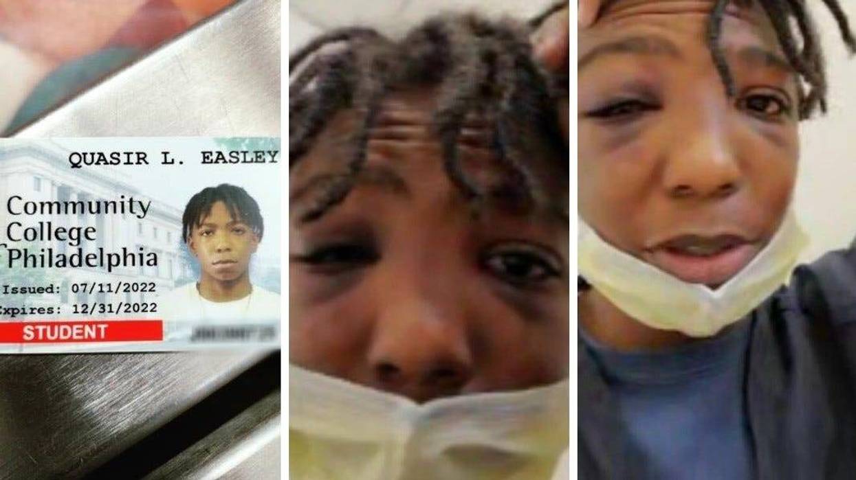 Quasir Easley, shown at left in his student ID, says six juvenile detainees beat him while he was handcuffed, leaving his eyes swollen shut.