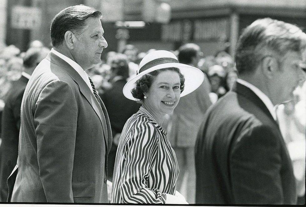 Queen Elizabeth visits Philadelphia during bicentennial celebrations accompanied by Mayor Frank Rizzo (left), July 6, 1976.