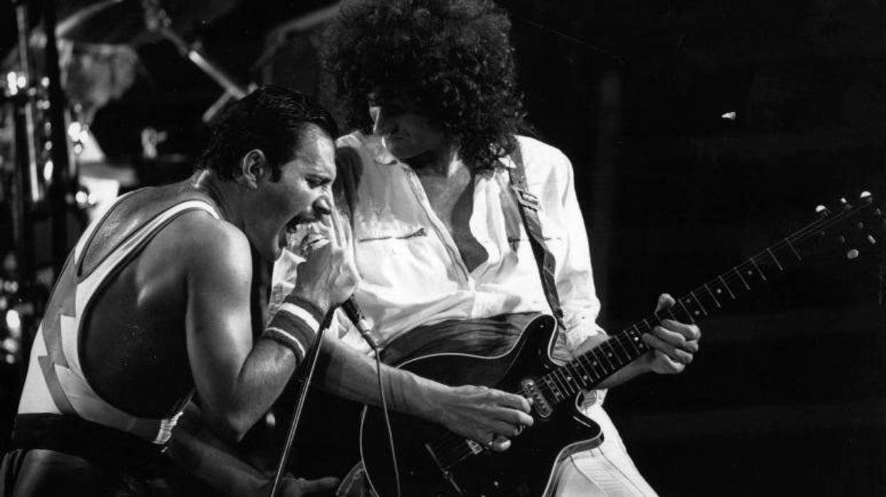 Queen in concert with singer Freddie Mercury