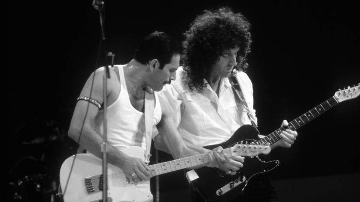 Queen members Freddie Mercury (left) and Brian May (right) during the Live Aid concert