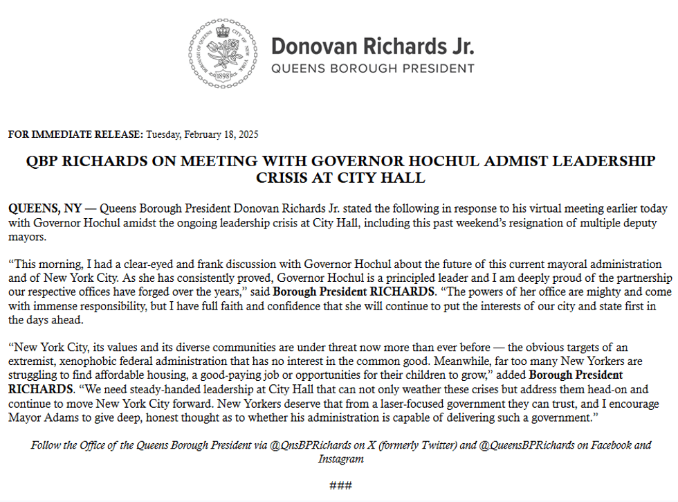 Queens Borough President Donovan Richards said the city needs "steady-handed leadership at City Hall"