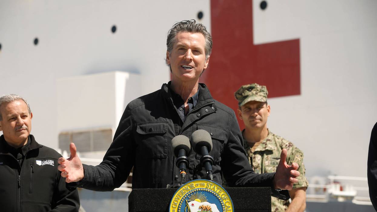 r Gavin Newsom speaks in front of the hospital ship USNS Mercy that arrived into the Port of Los Angeles on Friday, March 27, 2020.
