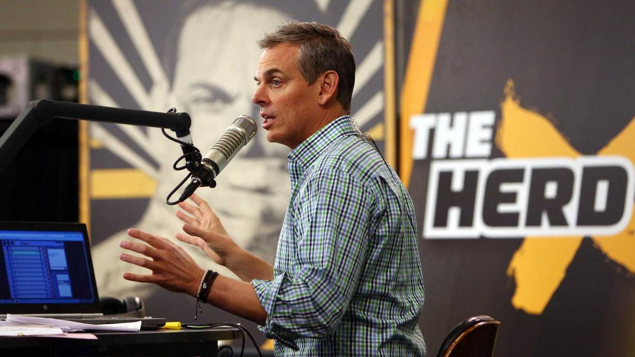 Radio personality Colin Cowherd broadcasts on radio row